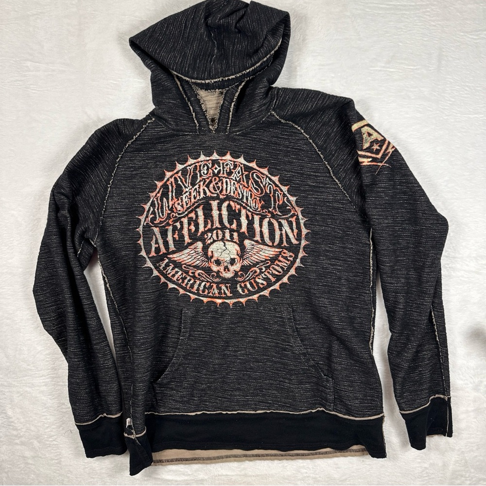 Vintage Affliction Hoodie Mens XL Black Y2K Thin Cross Skull Grunge REVERSIBLE